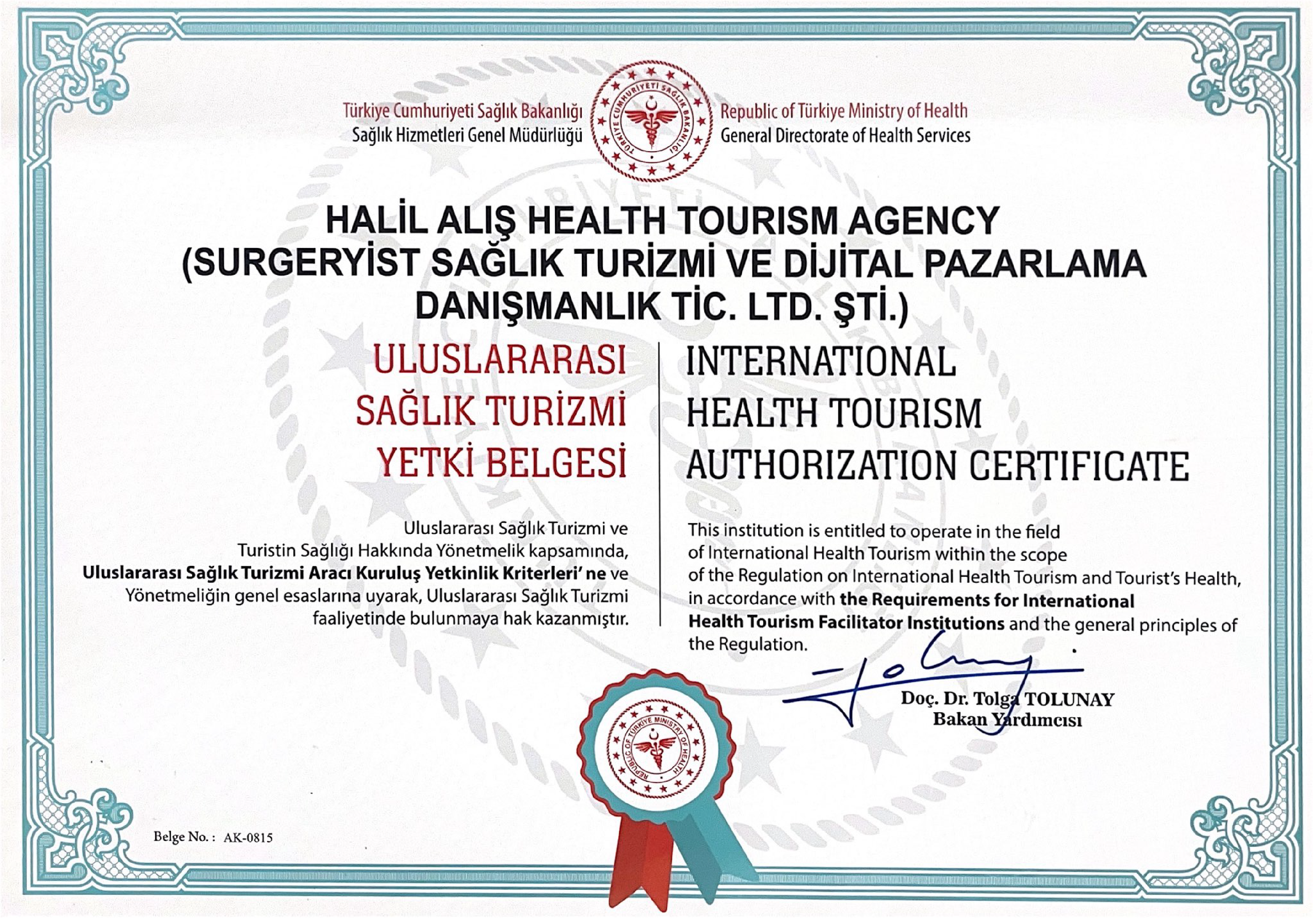 Sağlık Bakanlığı Uluslararası Sağlık Turizmi Yetki Belgesi